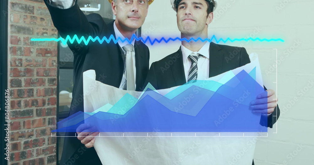 Poster digital composite image of statistical data processing against two architects discussing over plan