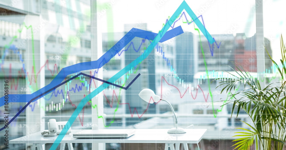 Poster digital composite image of blue graphs over financial data processing against empty office