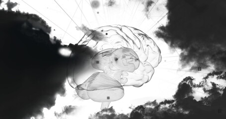 Image of glowing human brain with data processing and clouds