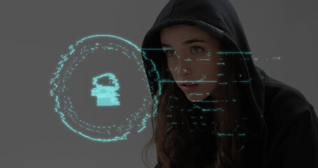 Image of digital interface online security padlock over female hacker in hooded top with laptop