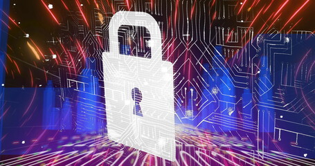 Image of digital interface online security padlock over circuit board and binary coding