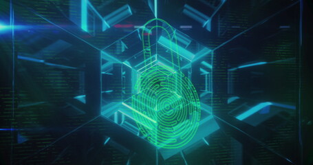 Image of digital interface online security biometric padlock over digital blue tunnel - Powered by Adobe