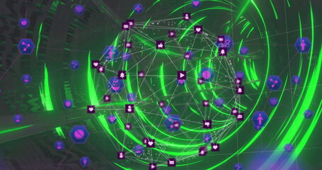 Image of digital interface with globe formed with colourful icons and green glowing tunnel