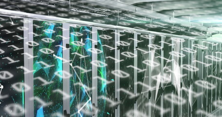 Image of binary coding over tech room with computer servers