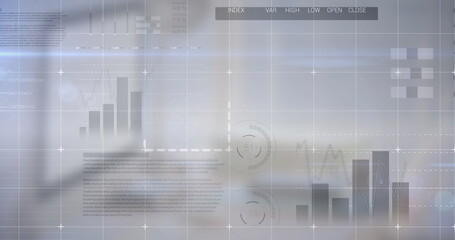 Digital composite image of statistical data processing against computer at office desk