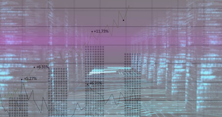 Image of financial data processing over glowing computer servers