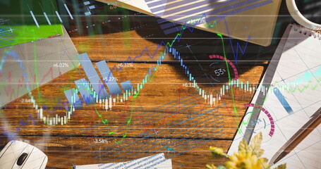 Digital composite image of financial data processing office equipment on office desk