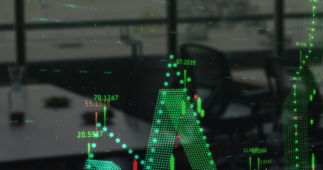 Digital composite image of financial data processing against empty office
