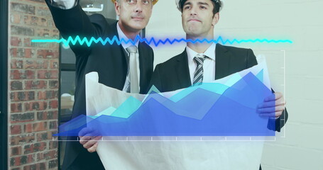 Digital composite image of statistical data processing against two architects discussing over plan