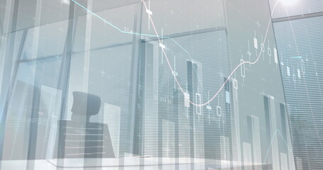 Digital composite image of financial data processing against empty office