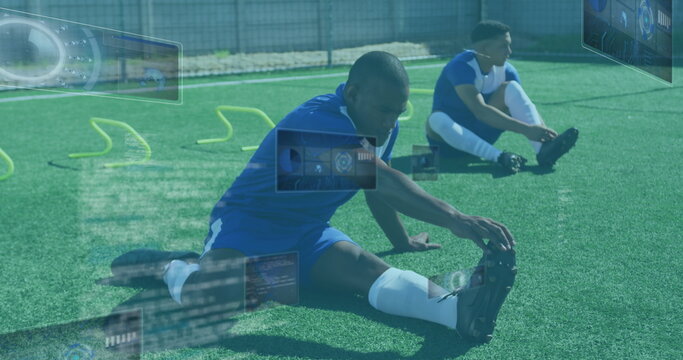 Image of scopes and data processing on screens over male football player stretching