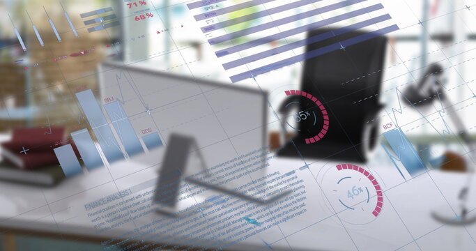 Image of financial data processing and statistics over empty office - Powered by Adobe