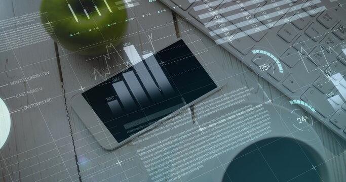 Digital composite image of statistical data processing against office equipment on desk