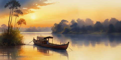 boat on the river generative Ai