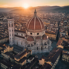 Aerial view of the breathtaking sunset over florence cathedral, a historical landmark in italy with...