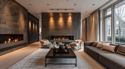 modern living room interior with fire place