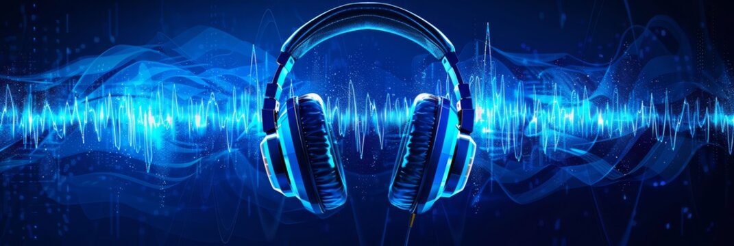 A 3D model of a white headphones on a blue background with sound waves, in the style of web banner.	