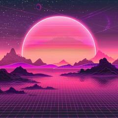 Synthwave retro cyberpunk style landscape background banner or wallpaper. Bright neon pink and purple colors