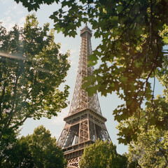 Sunlit Eiffel Tower Peeking Through Green Leaves in Paris