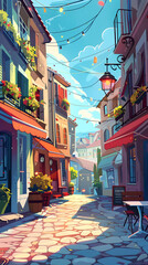 Naklejka premium A cartoon-style cityscape with modern buildings, lush greenery and trees