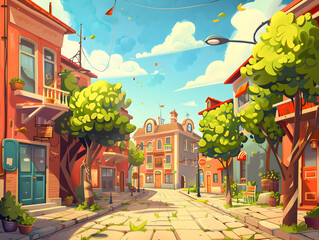 A cartoon-style cityscape with modern buildings, lush greenery and trees