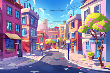 Obraz premium A cartoon-style cityscape with modern buildings, lush greenery and trees