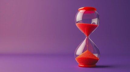 Hourglass filled with red sand with a purple background The hourglass itself is a symbol often associated with the passage of time, urgency, or deadlines.