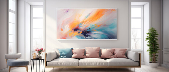Vibrant abstract art centerpiece in an elegant modern living room. A spacious living room adorned with a large, colorful abstract painting above a chic white sofa, creating a serene atmosphere