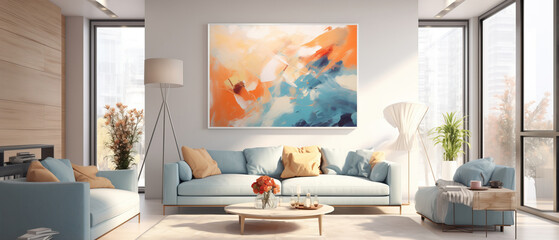 A symphony of furniture and art. A luxurious living room adorned with an array of stylish furniture and an exquisite painting hanging on the wall