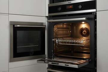 Fototapeta premium Empty open electric oven with hot air ventilation. New oven. Door is open and light is on 