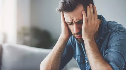 Depression, a depressed man, sitting in a living room, his head cradled in his hands, suggesting a state of deep thought or emotional distress. in a blurred backdrop with contemporary decor