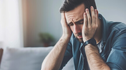 Depression, Depressed man, sitting in a living room, his head cradled in his hands, suggesting a state of deep thought or emotional distress. The background is blurred with contemporary decor
