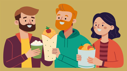 Obraz premium As they munched on breakfast burritos the bargain hunters shared stories of their most unexpected thrift store finds.. Vector illustration