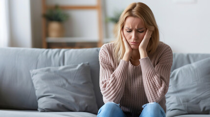 Stress, young stressed-out woman, sitting on a gray couch, looking distressed and worried, with her hands on her head. Her expression reflects deep concern or sadness