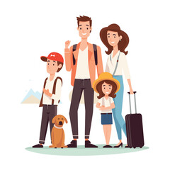Family ready vacation standing together smiling, happy parents children dog travel. Cartoon family trip, mother father daughter son setting off journey adventure, casual attire. Cheerful group - obrazy, fototapety, plakaty