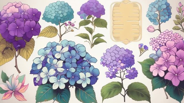 Elegant illustration of various hydrangea flowers in shades of blue, purple and pink. Arranged with ornate golden frames and Japanese calligraphy, evoking a traditional Japanese aesthetic. 