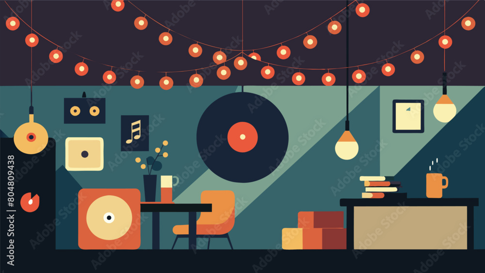 Poster cascading string lights illuminate the record wall adding to the cozy ambiance of this intimate cafe