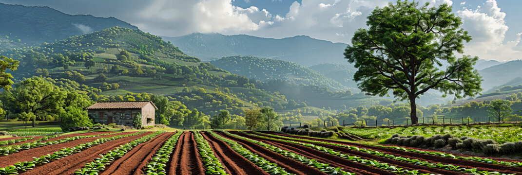 Lush Strawberry Fields in Mountainous Region, Early Morning Mist Over a Fresh Crop