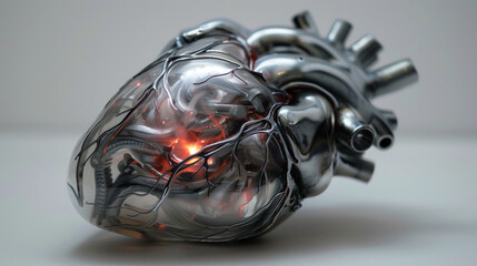 An artificial heart is depicted, showcasing numerous electrical connections and wires intricately integrated into its design. This illustration highlights the advanced technological components 