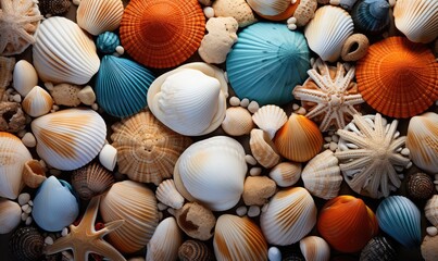 The photo shows a variety of seashells in different colors, such as orange, blue, and white. The shells are arranged in a random pattern. - Powered by Adobe