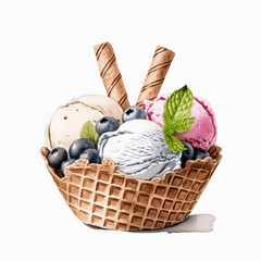 A vibrant ice cream sundae with pink, white, and blue scoops, adorned with blueberries and a mint leaf, nestled in a waffle bowl