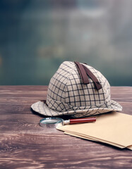 Detective’s hat, magnifying glass, and papers on a wooden surface, set against a cloudy backdrop. A scene of mystery and investigation