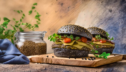 A gourmet presentation of two burgers with black sesame seed buns, fresh ingredients on a wooden board