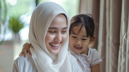 A woman wearing a white hijab is holding a young girl