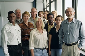 A group of happy and smiling business people standing in an office, wearing casual of different ages from young to old. generative AI
