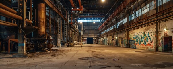 Abandoned factory hall with graffiti and evening lighting. Urban decay and industrial abandonment...