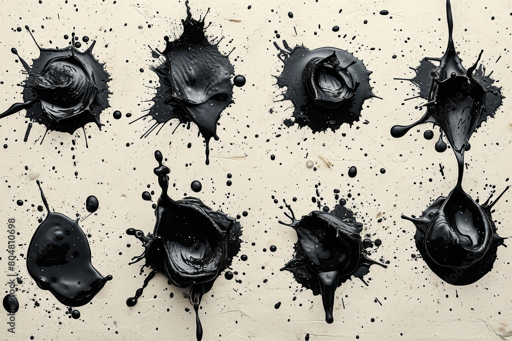 Poster abstract ink splashes in various shapes drawn with black ink vector set