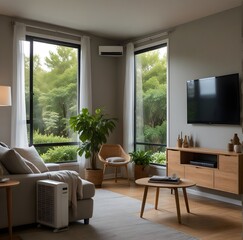 Energy efficient air conditioner with fresh natural in a modern living room in the two chair