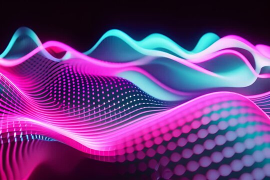 3d render of sound waves in pink and blue neon colors.
