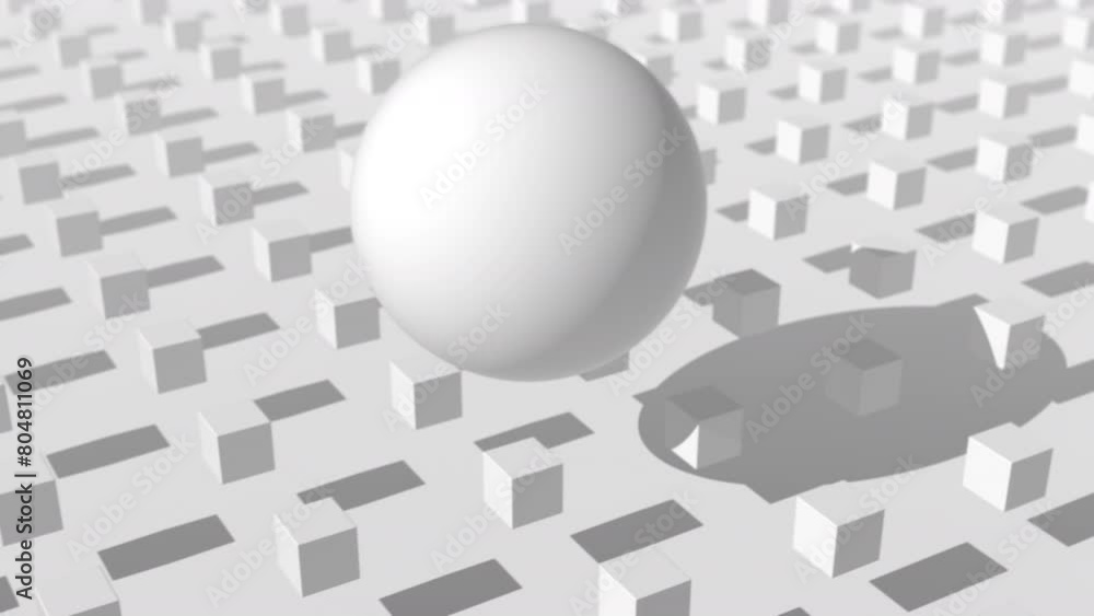 Poster seamless looping 3d animation of white cubes and a sphere with shadows